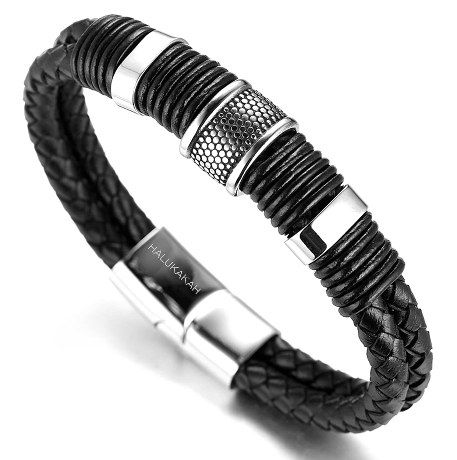 HALUKAKAH ● Solo ● Men's Genuine Leather Titanium Bracelet Black & Silver 8.46"(21.5cm) with Free GIftbox — image 1