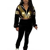 Kinivi Women 2 Piece Outfit Long Sleeve Zip Up Crop Jacket High Waist Stretchy Pants