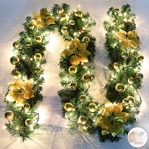 Queta 2,7M Weihnachtsgirland Tannengirland Weihnachtdekoration mit Gloden Blumen Weihnachtsdeko-LED Lampen schöne Feiertag-Dekoration für Treppen, Wand, Türen In-Out Door