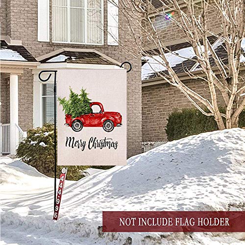 OZMI Merry Christmas Garden Flag, Xmas Double Sided Burlap Red Truck with Snow Winter Flag, Rustic Merry Christmas Decoration New Year Seasonal Outdoor Flag 12 x 18 for Holiday