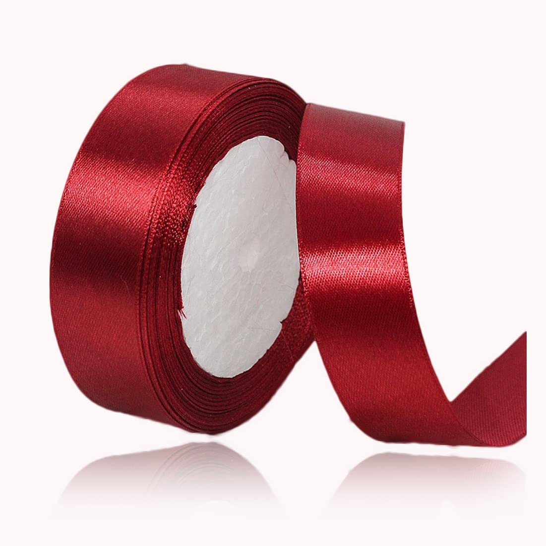 Burgundy Satin Ribbon 25mm x 23 Metres, Wine Red Solid Color Fabric Silk Ribbon for Crafting, Gift Wrapping, Wedding Bouquet, Flower Arrangement, Bows Making, Balloons, Cake Decoration and Baby Shower — image 1