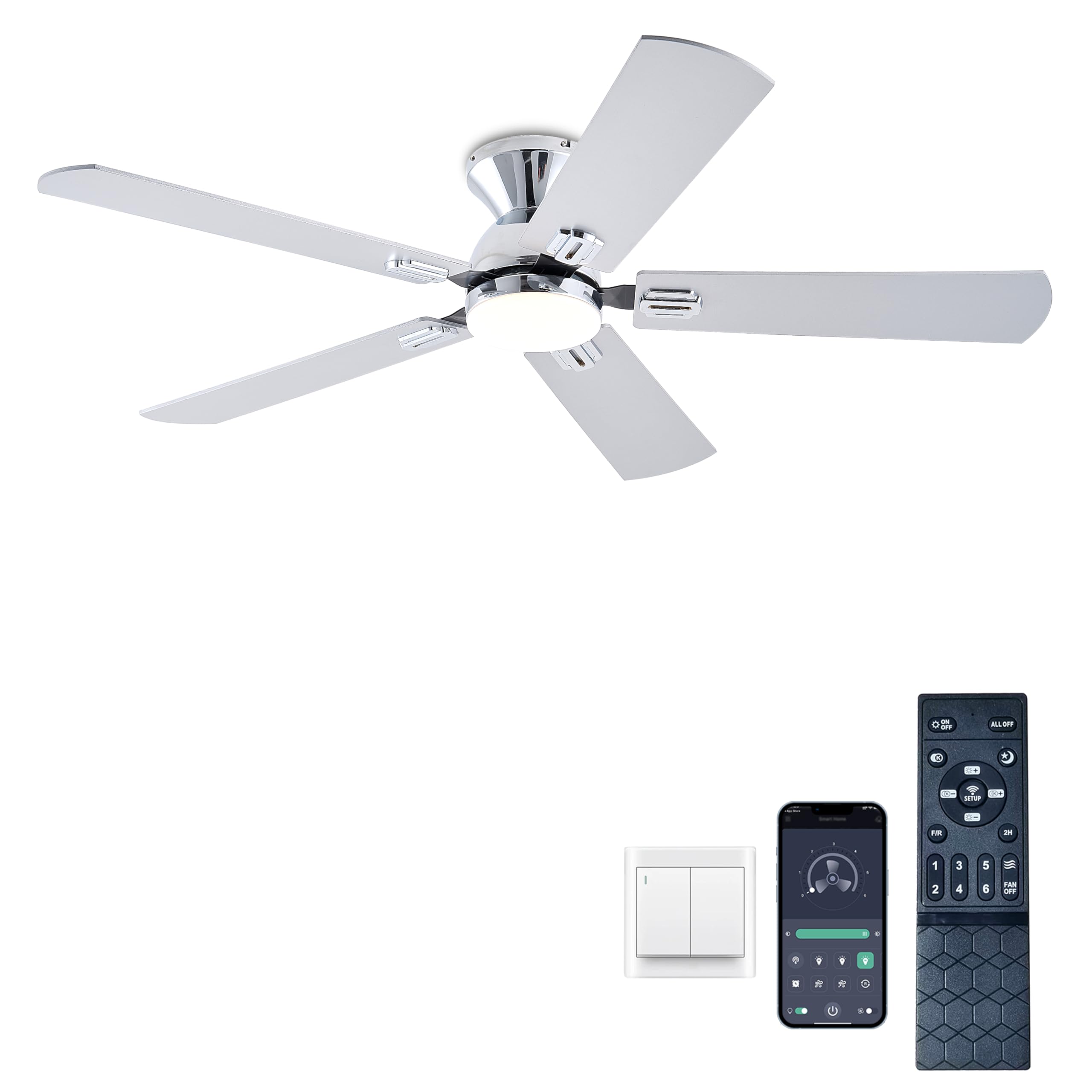 Photo 1 of KNUN 52 inch Ceiling Fans with Lights, Silver Low Profile Ceiling Fan with Remote Control and App, Double-sided Fan Blades, 3CCT Dimmable LED, Noiseless, Flush Mount Ceiling Fan for Bedroom, Patio