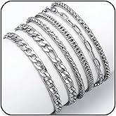 PINCHUAN 6PCS Silver Bracelets for Men Stainless Steel Cuban Chain Bracelet Silver Chain Bracelet Set 316L Stainless Steel Figaro Rope Cuban Link Bracelet Jewelry for Men/Women