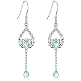 Lotus Earrings 925 Sterling Silver Moonstone Yoga Dangle Drop Earrings Lotus Mother's Day Jewelry for Women Mom
