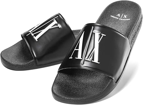 Amazon Armani Exchange アルマーニエクスチェンジ シャワーサンダル メンズ Icon Logo Single Strap Slides Xup004 Xv231 ブラック 並行輸入品 ビーチサンダル