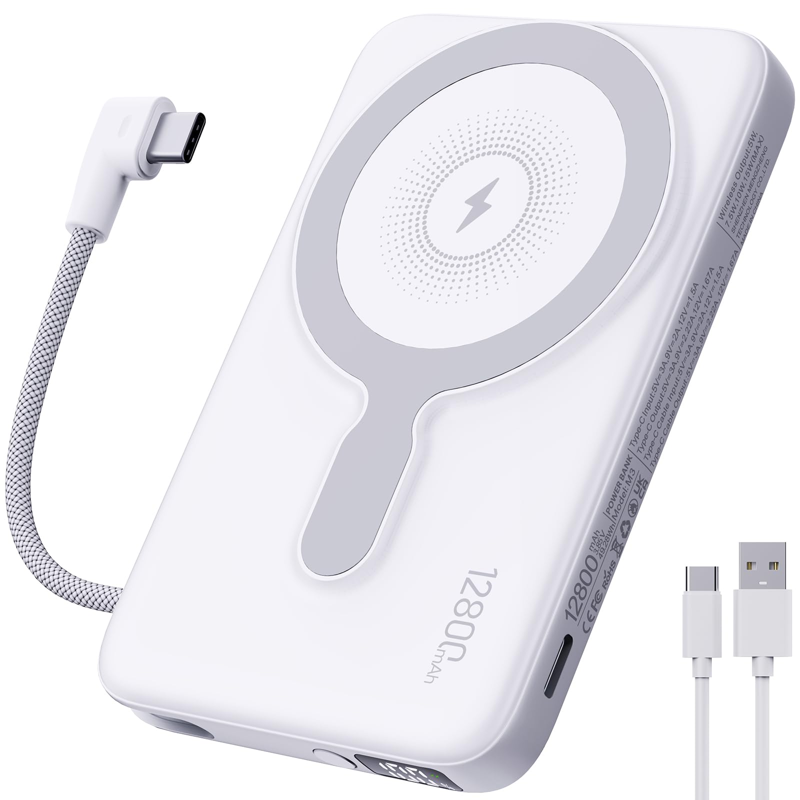 Photo 1 of 2025 Updated M3 Ultra Slim 0.4'' Wireless Power Bank, 12800mAh Magnetic Portable Charger with Built in Cable and Strap, LED Battery Pack Travel Essentials for iPhone 16/15/14/13/12/Pro/Pro Max Andriod