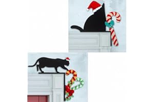 Wesiti 2 Pcs Christmas Door Topper Black Cat Candy Cane Decor Funny Door Corner Sign Decor Home Wooden Christmas Cabinet Knob Covers Party Ornament Props Gift for Wall Window DIY