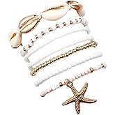Fuqimanman2020 Boho Shell Starfish Layered Beaded Stretch Bracelet Set for Women Colorful Bohemian Seashell Rice Bead Stackable Bracelets Summer Ocean Beach Vacation Jewelry Gift