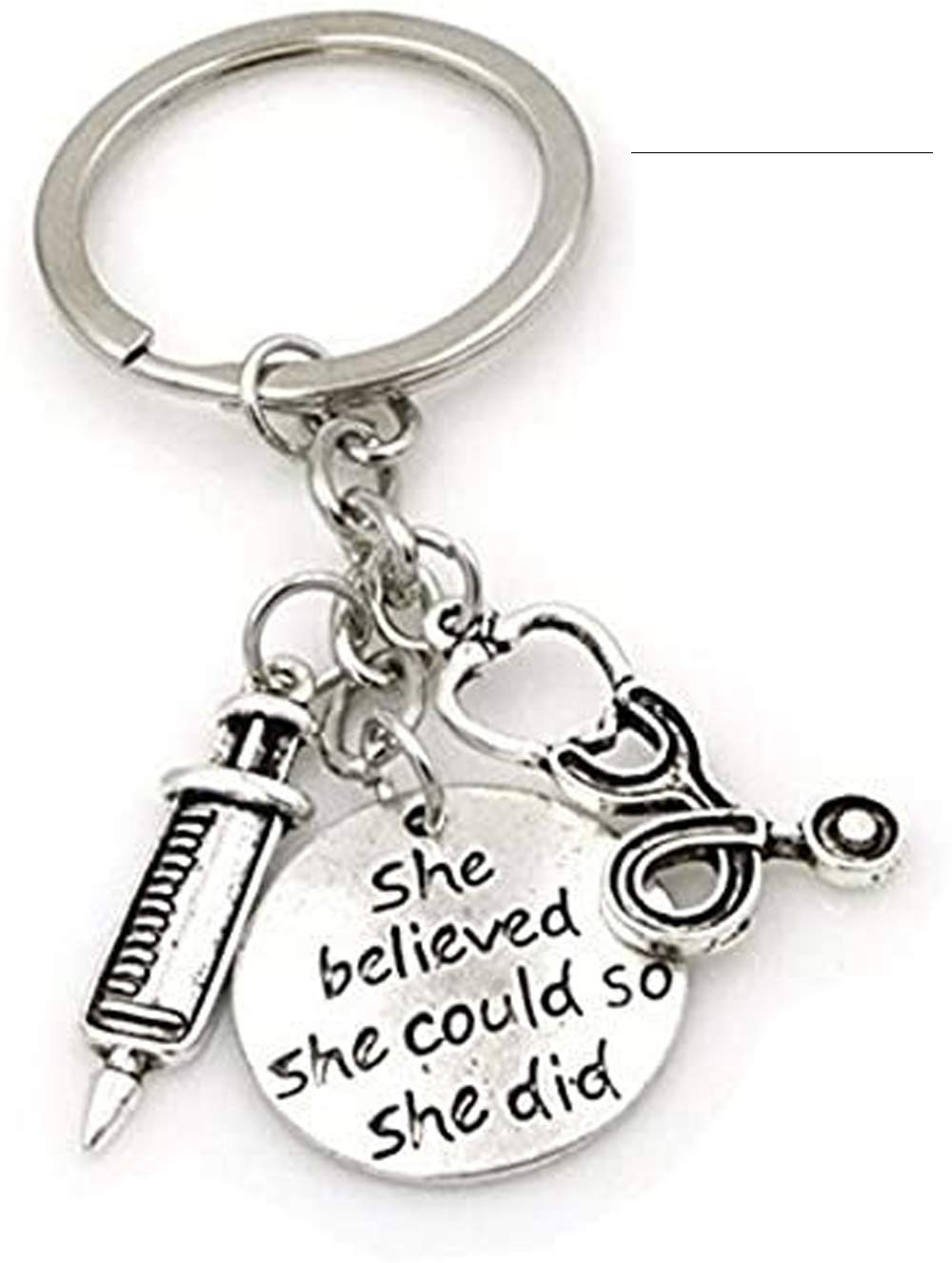Medinc She believed she could so she did Syringe Stethoscope Keychain Key Chain Keyring Doctor Nurse Physicians Medical Student Graduation Gift Jewelry