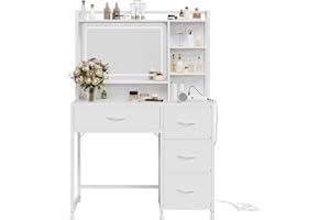 35.4" Modern Makeup Vanity Desk with Square Mirror, 4 Fabric Drawers & Storage Shelves, Dressing Table for Bedroom (for Girls