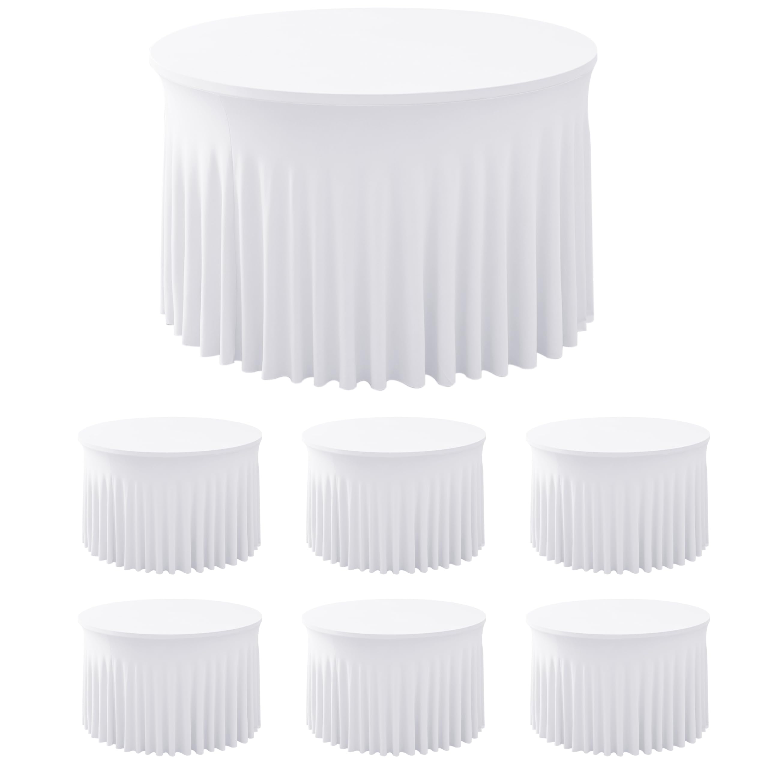 Photo 1 of HolidayIdeas White Spandex Round Tablecloths for 60in Wedding Table, 5ft Fitted Stretch Table Skirts 120 Inch, Wrinkle-Free Ruffle Design Tablecloths for Banquets,Trade Shows, Parties, Events, 6 Pack