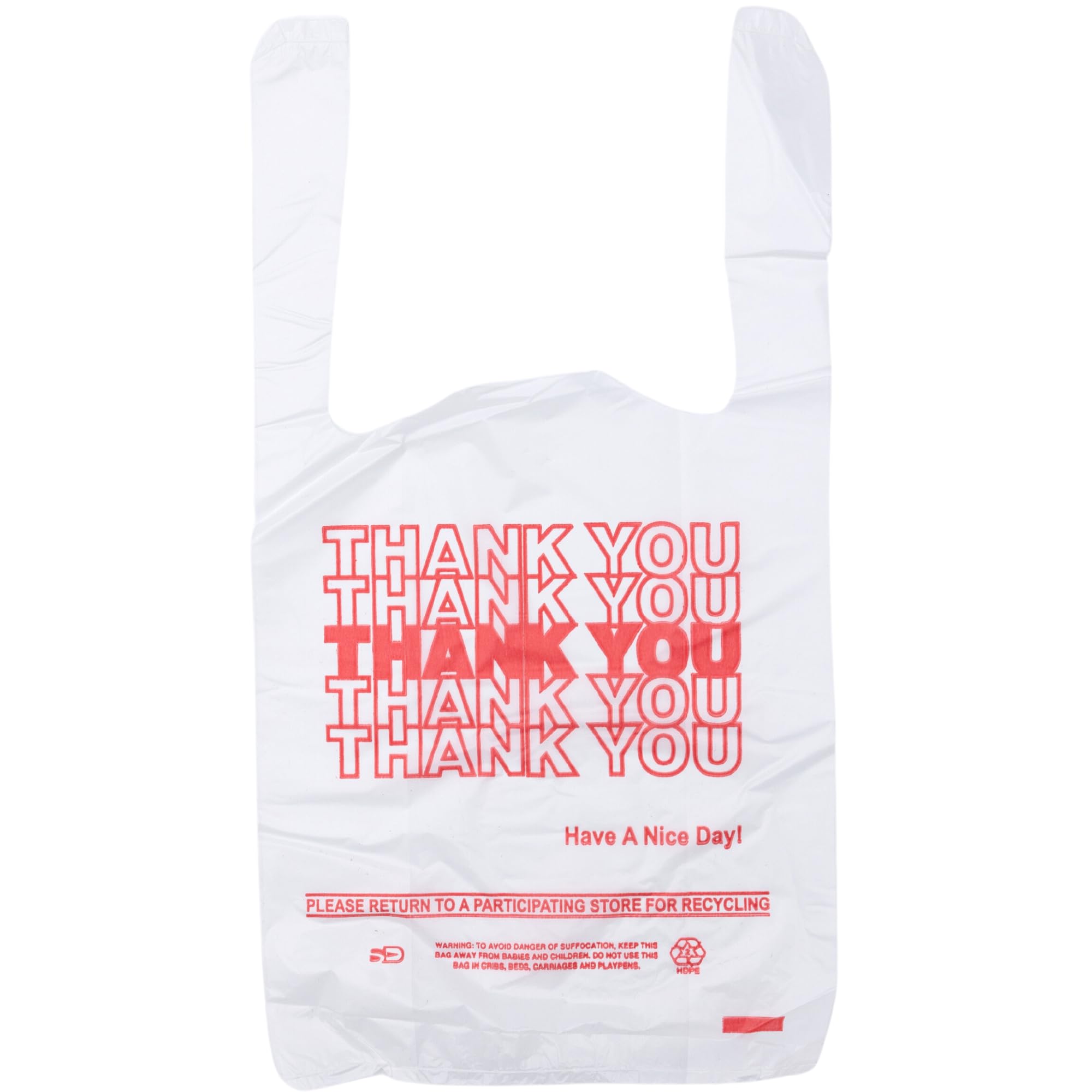Photo 1 of Small Economy "Thank You" T-Shirt Bags - 1/12 BBL - 7"X3.5"X13" - 1000 Bags Bulk - 13 Mic - White - For Retail, Groceries, Merchandise, Convenience Store, Supermarket, Restaurant