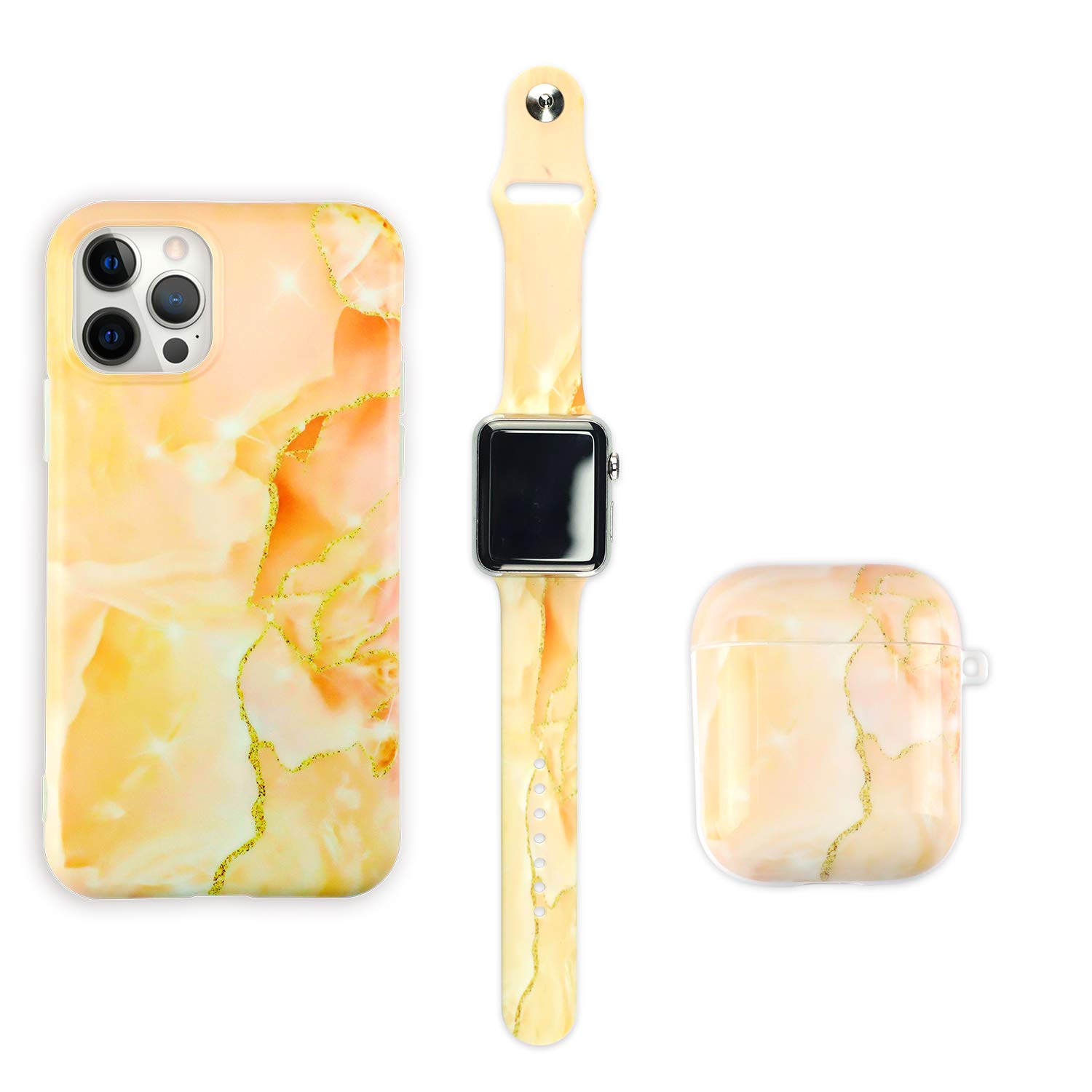 Makzib Matching Case compatible with iPhone 11pro,Airpods case 1& 2 & pro with Watch band.Marble design Thin slim Glossy 3 in 1 protective cases (38mm 40mm Airpods 1&2, Coral Peach)
