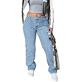 CFNZER Pearl Jeans for Women Y2K Boyfriend Baggy Straight Wide Leg Jeans Rhinestone Casual Denim Pants