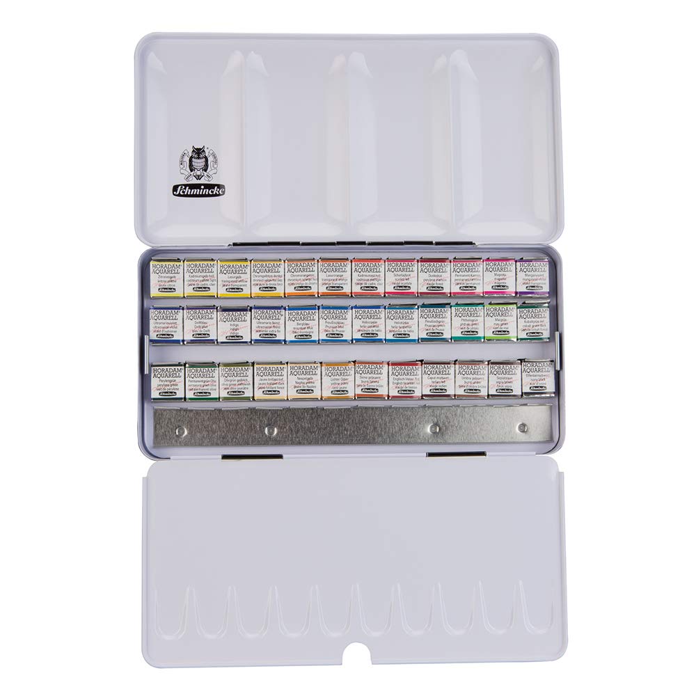 Schmincke - HORADAM AQUARELL paint box with 36 finest watercolours, 74436097, metal box, painting set, watercolours, 36 x 1/2 cells, space for 12 additional 1/2 cells