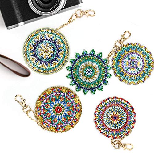 5D DIY Diamond Painting Keychain, 5pcs Mandala Shape, Mosaic Making Full Drill Special Shape Diamond Painting Kit for Bags, Smartphone Straps, 5 Pack - Thumbnail 3