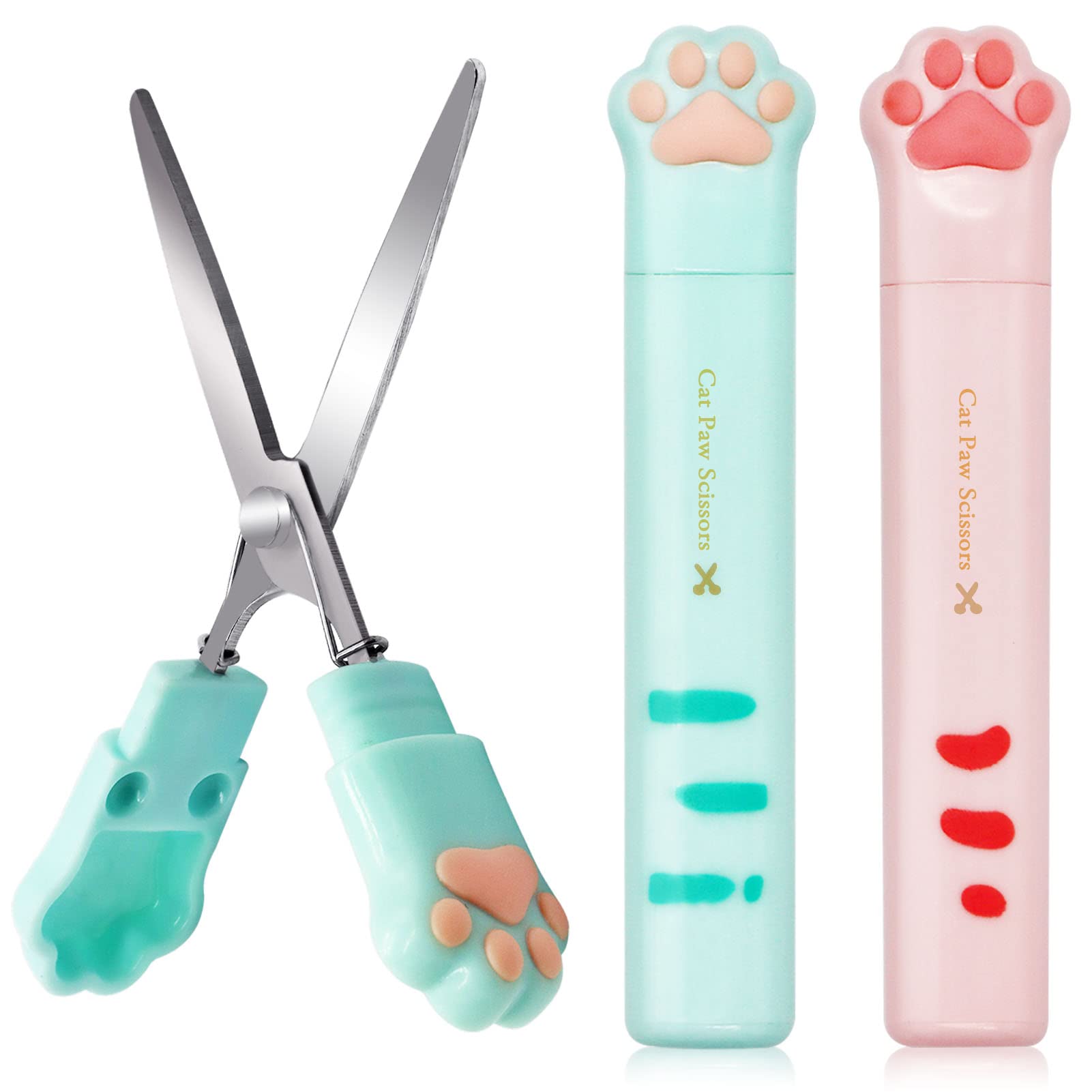 Wieat Cat Paw Folding Mini Scissors, 2 Pcs Kids Safety Art Scissors for School Paper Cutting Scrapbooking, Pink and Green