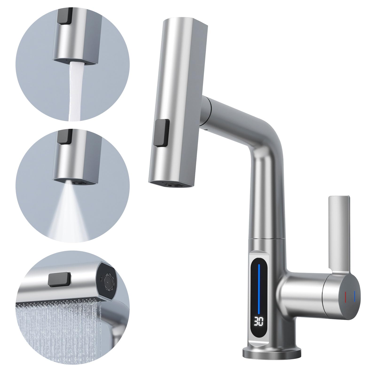 Photo 1 of ***********MISSING HARDWARE****************
BARROCK Waterfall Bathroom Faucets with Sprayer, Modern Pull Down/Out Bathroom Sink Faucet with Celsius Digital Temperature Display, Height Adjustable Basin Tap No Battery Needed, Brushed Nickel