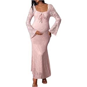 SweatyRocks Women's Maternity Lace Baby Shower Swiss Dots Maxi Dresses | Tie Front Long Bell Sleeve Fishtail Bodycon Dresses