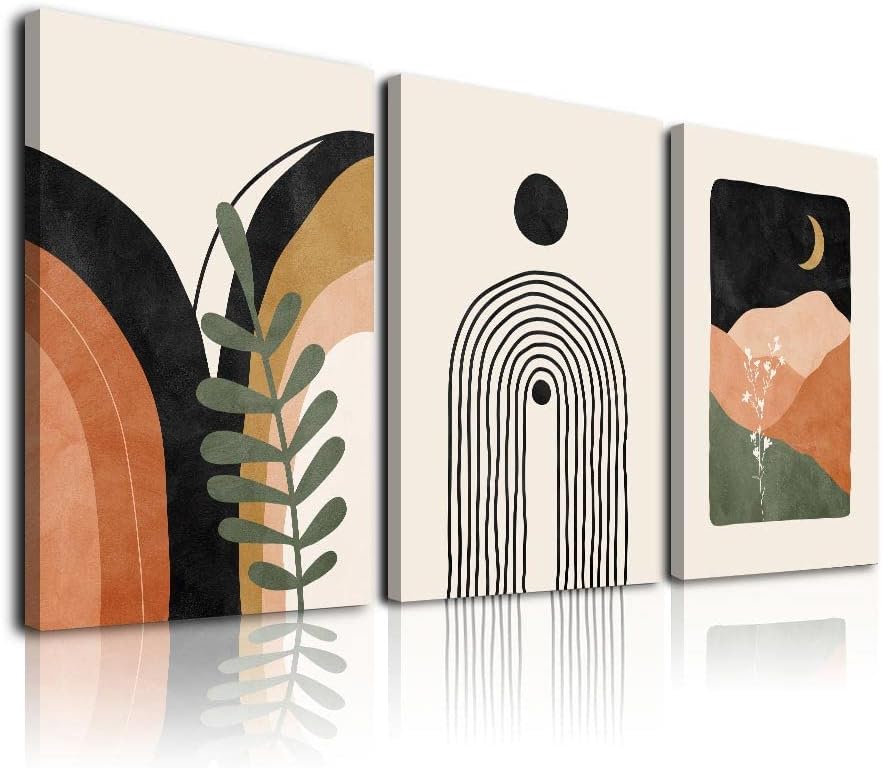Wall Décor - Boho Wall Art Set Of 3, Boho Room Decor, Mid Century Modern Wall Art, Framed Neutral Abstract Geometric Prints Black Beige Orange Minimalist Art Framed Canvas Prints Artwork 12
