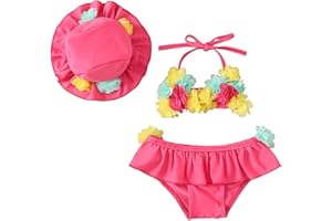 Yccutest Infant Baby Girl Flower Swimsuit 3Pcs Halter Triangle Tops Ruffle Bottoms Sun Hat Bikini Set Bathing Suit Swimwear
