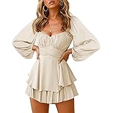 Fixmatti Women off Shoulder Rompers Lantern Long Sleeve Ruffle Tie Mini Shorts Jumpsuit