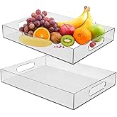 2 Pcs Clear Acrylic Serving Tray, 16" x 12",15.2" x 11.2" Plastic Tray with Handles Clear Decorative Lucite Tray for Food, Tea, Snacks, Kitchen, Fruit