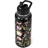 Goth Water Bottle with Straws Double Walled Vacuum Insulated Sports Bottle Gothic Flower Moon Travel Thermal Cup Leak Proof Stainless Steel Tumbler Witchy Decor Gifts-32 OZ