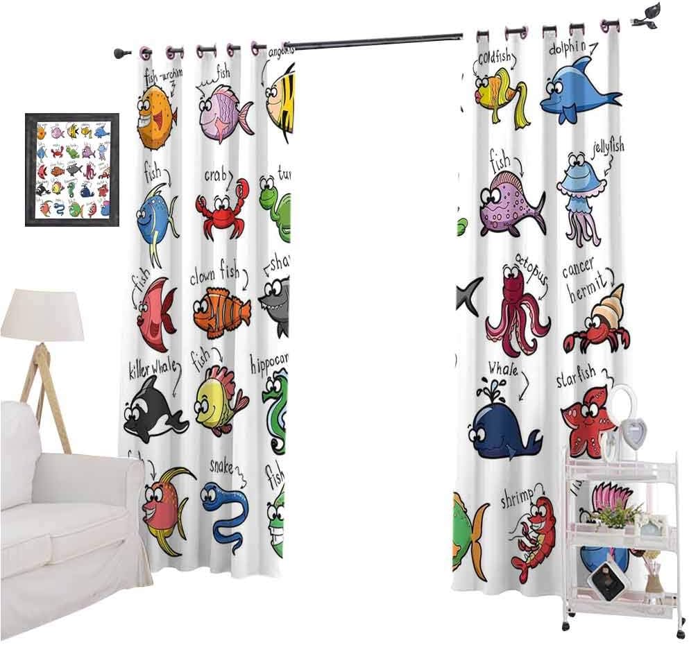 nooweihomeNautical Decor for Kids Mini Curtain rods Aquarium Cartoon Octopus Dolphin Shark Whale Clown Fish Jellyfish Crab Marine Thermal Insulated Blackout Curtains W84 x L96