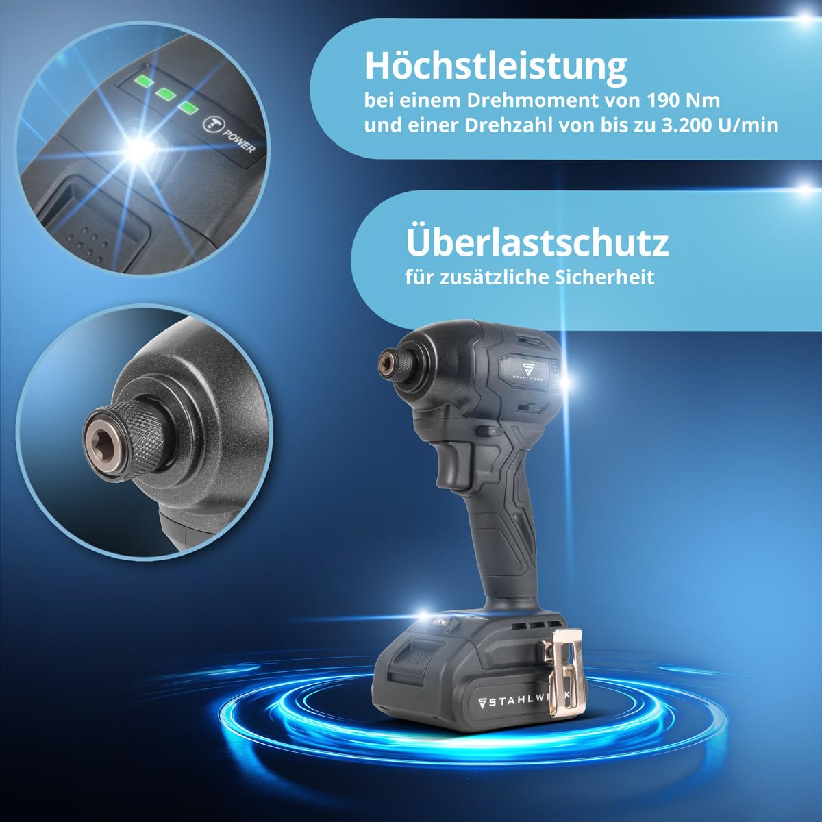 STAHLWERK Akku-Drehschlagschrauber (ADS-190 ST) – 20 V, 190 Nm, ¼ Zoll-Schnellwechsel-Bit-Aufnahme für langen Holz- & Terrassenbau (Holz- & Metallschrauben), Brushless-Technologie, Akkus & Ladegerät 4