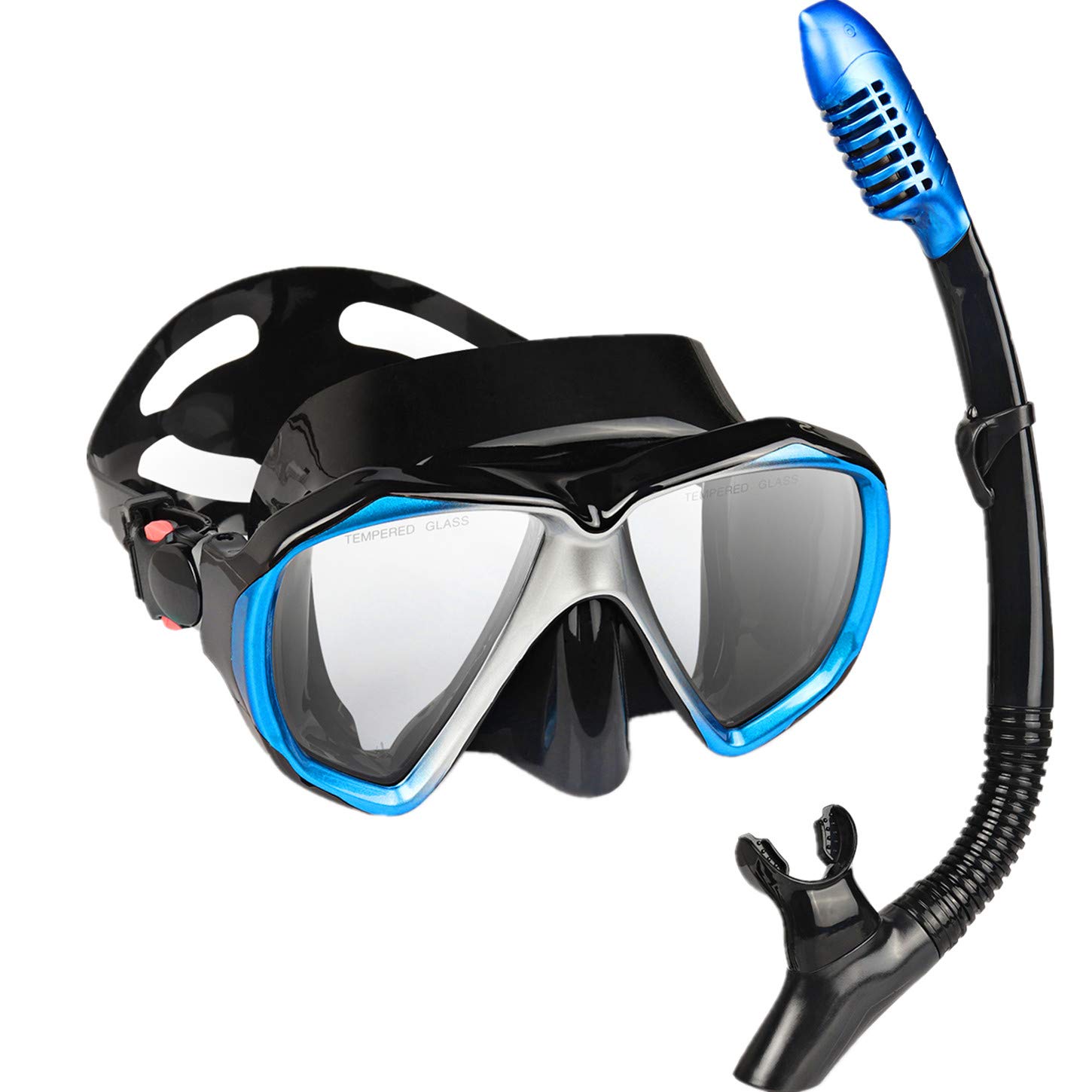 Snorkel Diving Mask Panoramic HD Swim Mask, Anti-Fog Scuba Diving Goggles,Tempered Glass Dive Mask Adult Youth Swim Goggles with Nose Cover for Diving, Snorkeling, Swimming (Blue Set) — image 1