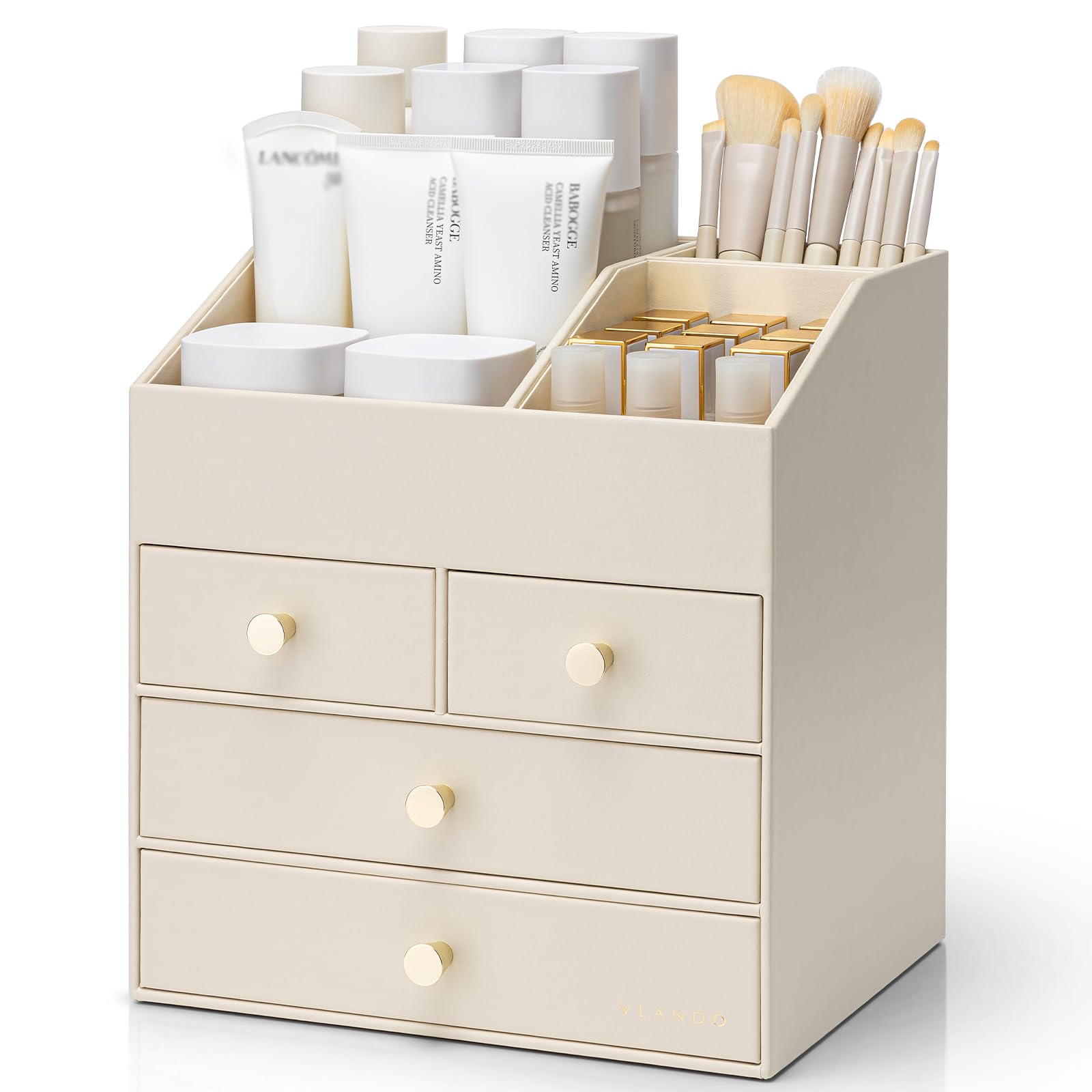 Photo 1 of Vlando Makeup Organizer Countertop,Large Vanity Organizer PU Leather Make up Storage with 4 Drawers Perfume Organizers Cosmetic Display Case for Lipstick,Brushes,Bedroom-Beige