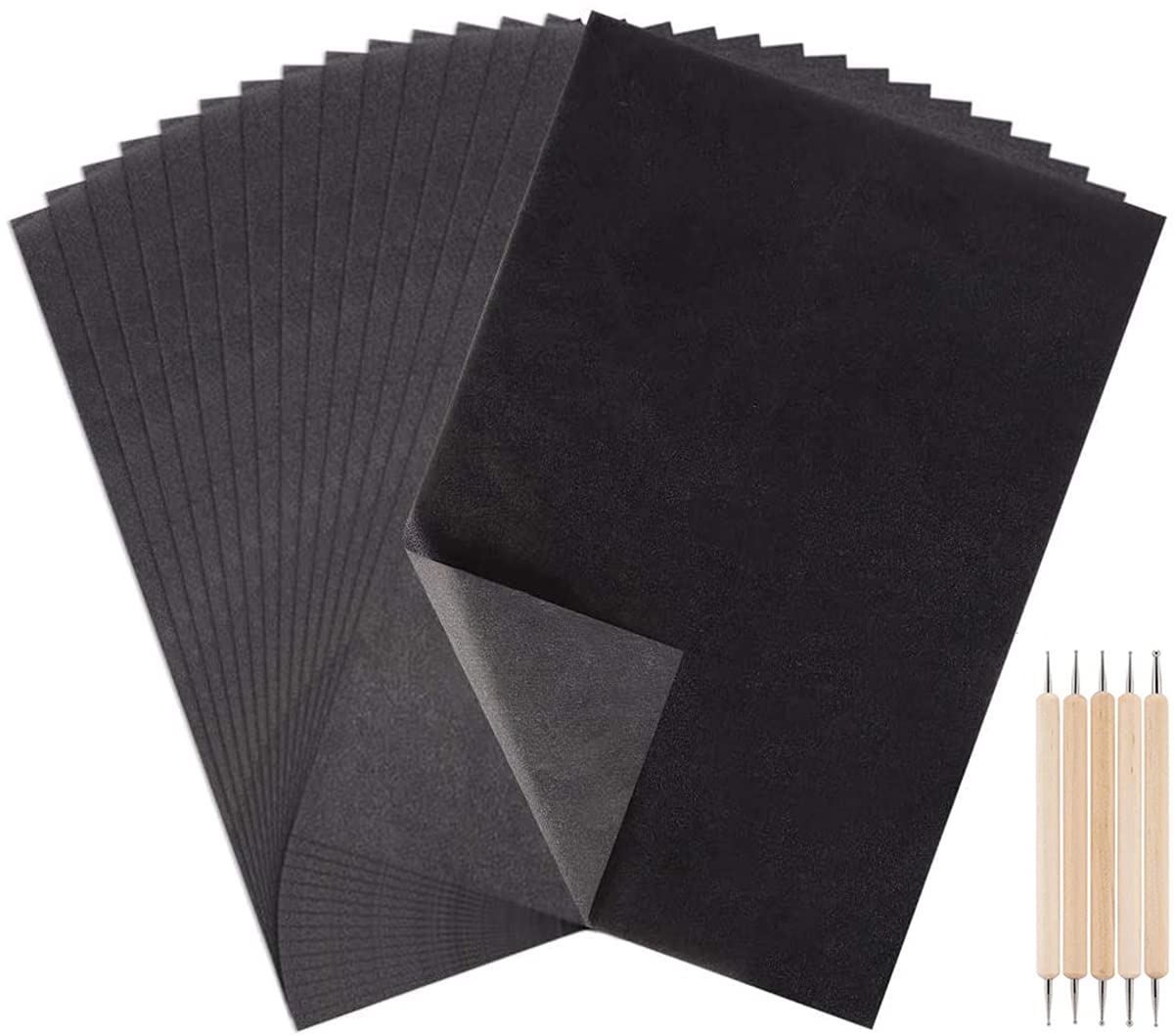 120 Sheets Black Carbon Transfer Paper Graphite A4 Tracing Copy Paper with 5 PCS Double Ended Tracing Stylus Dotting Tools for Wood Paper Canvas and Other Art Surfaces