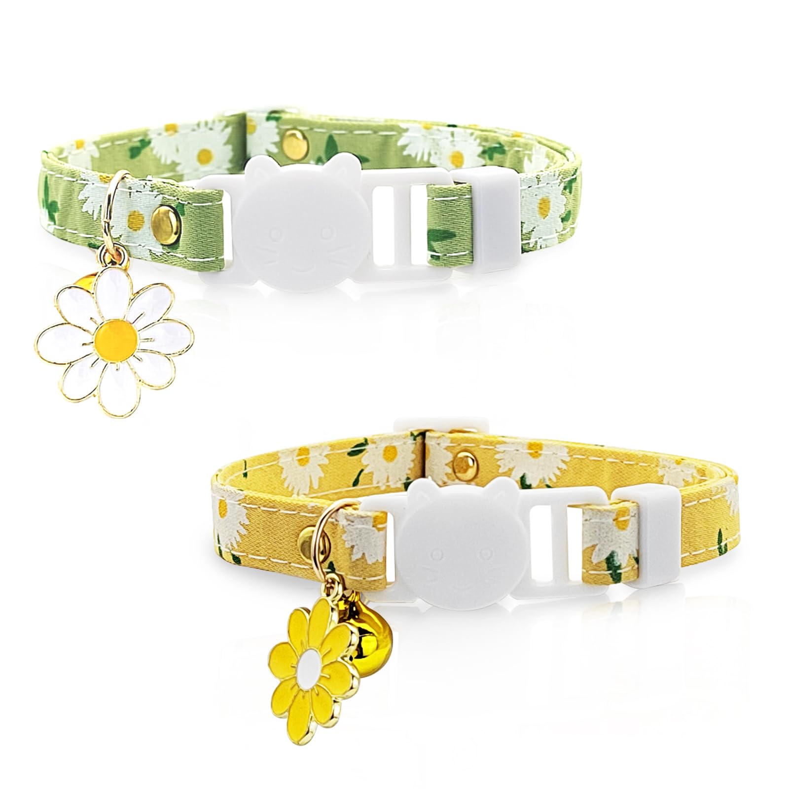 LuckyOpt Cat Collar, Adjustable 7-12 Inch Quick Release Cat Collar with Bell, Floral Patterned Breakaway Cats Collars with Quick Realease Buckle for Kittens Puppies Daily Accessories (Daisy)