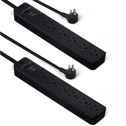 Amazon Basics Rectangle 6-Outlet, 600 Joule Surge Protector Power Strip, 2ft, Black, Small, 2-Pack