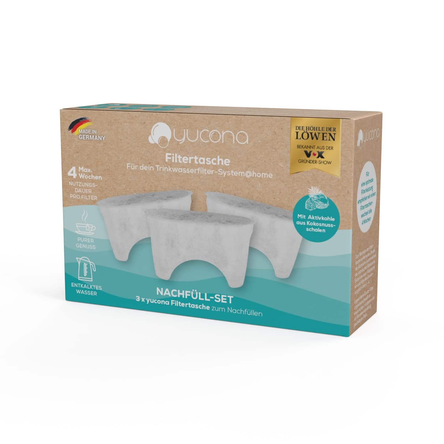 Yucona® Water Filter Refill Set 3-Piece for 3 Months Reusable Water Filter Cartridge 96% Plastic Saving 3 Filter Bags, Made in Germany [Activated Carbon from Coconut Shells]