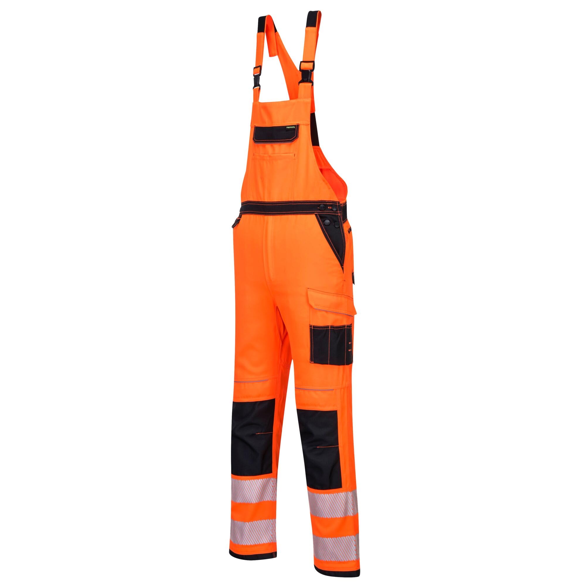 Portwest PW344 Mens Hi Vis Bib and Brace Work Overalls Durable Texpel Stain Resistant Water Resistant Polycotton Dungarees Triple Stitch Multi Pockets Certified Workwear, Orange/Black, Small