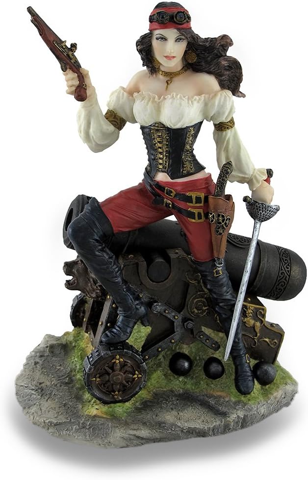 Female Pirate Standing on Cannon Holding Pistol and Cutlass Statue