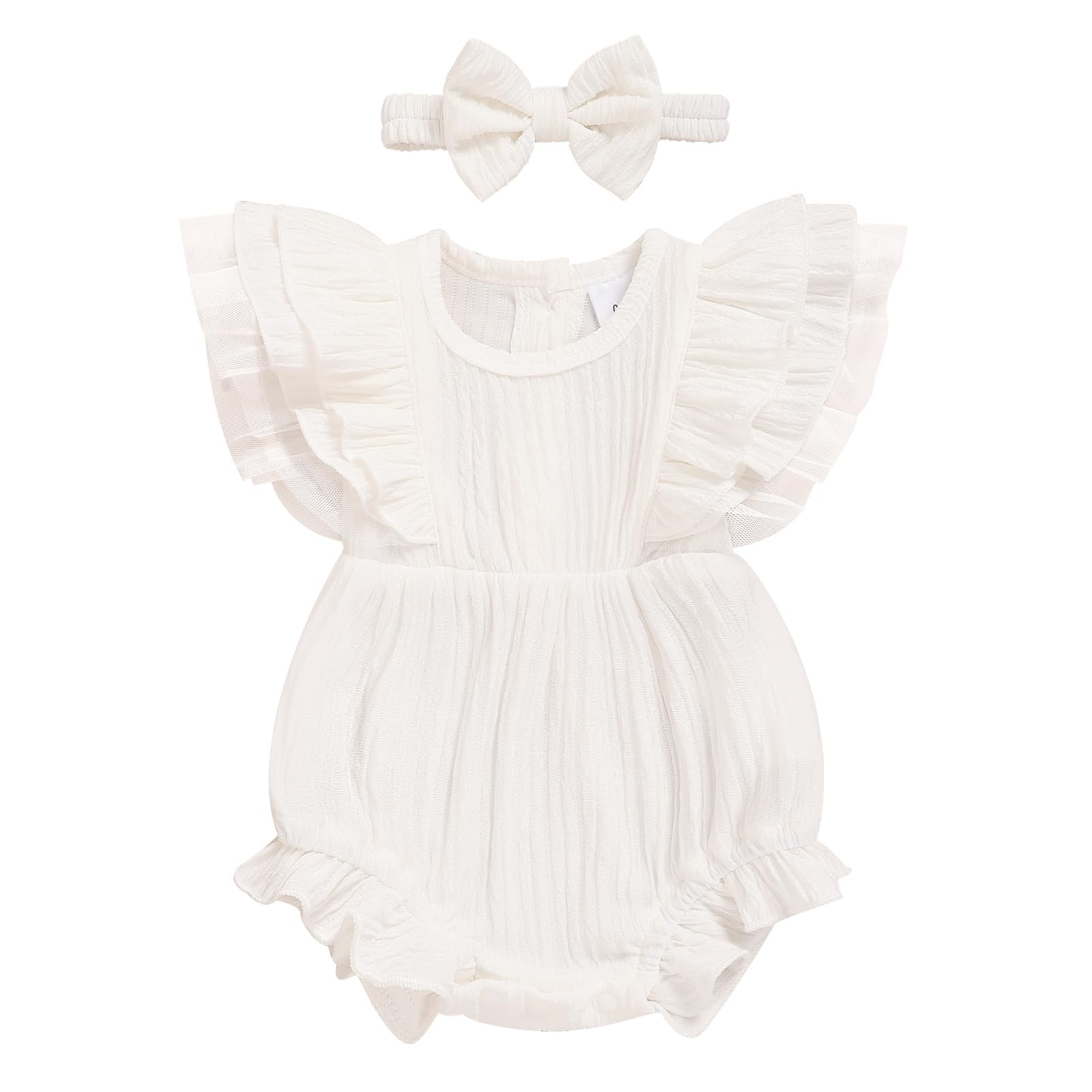 Photo 1 of **MISSING BOW**TITKKOP Ruffle Bubble Romper for Baby Girl | One-Piece Shorts Jumpsuit | Summer Outfit & Dress for Infants(white,0-3M)