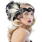 Women's 1920s Flapper Headbands Great Gatsby Rhinestone Headpiece with Peacock Feather Jewel Hair Accessories (5848#Black+White)