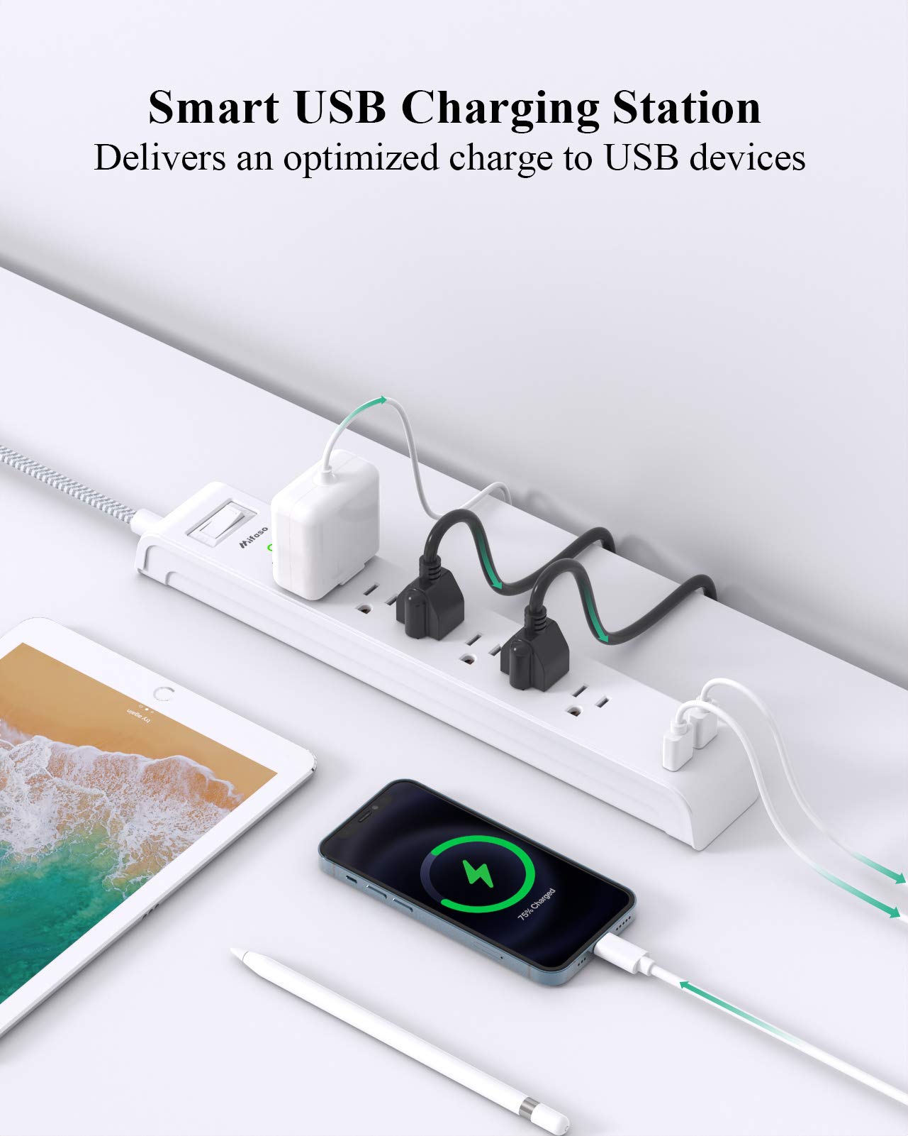 2 Pack Power Strip, 12FT Long Extension Cord, Surge Protector with 6 Outlets and 4 USB Ports (2 USB C), Flat Plug Overload Protection, Extension Cord 10+ ft, Wall Mount for Home Office Dorm College