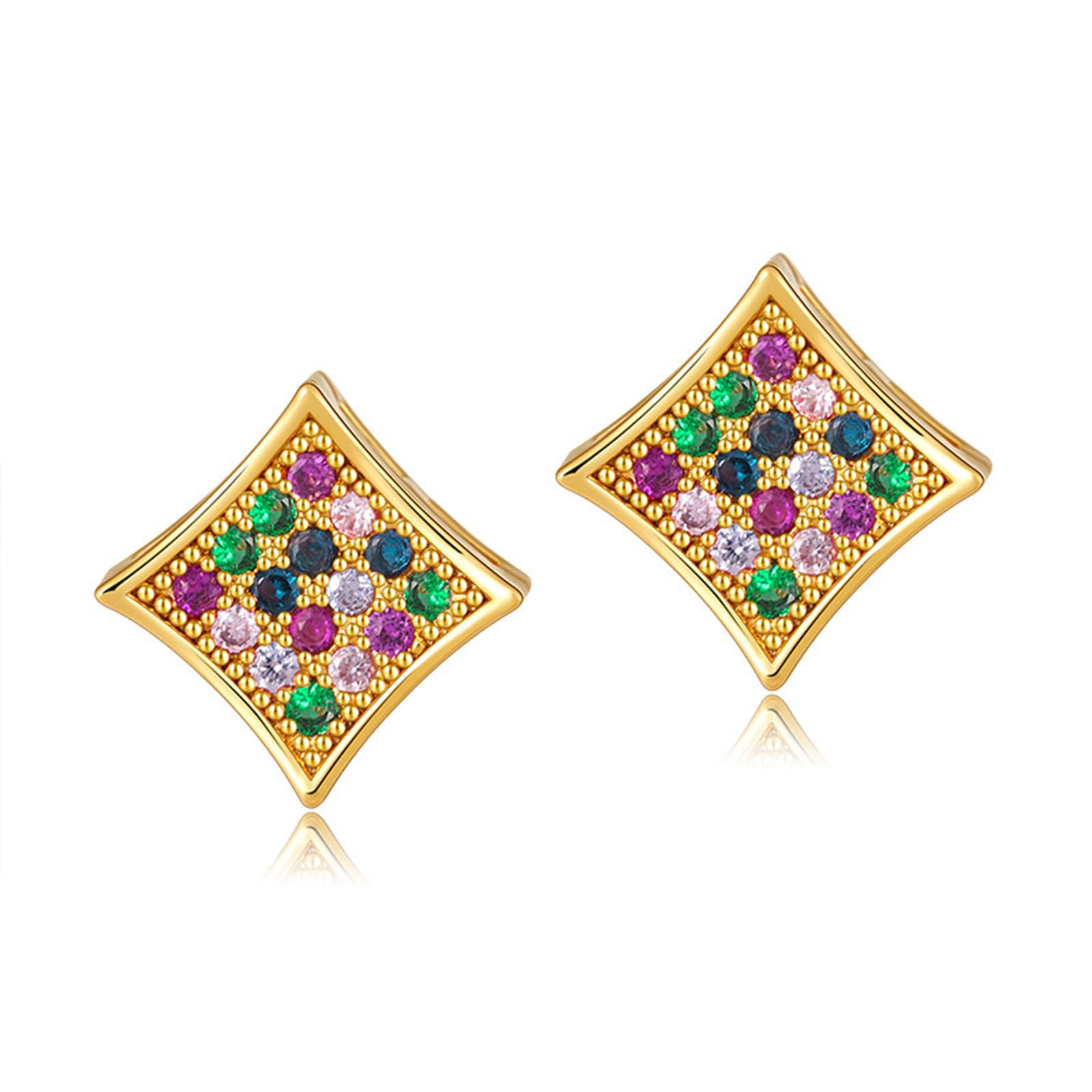 SEPTBIEN Women 18ct Gold Plated Cubic Zirconia Square Moon Sun Love Heart Cross Stud Earrings (Rhombus Color)
