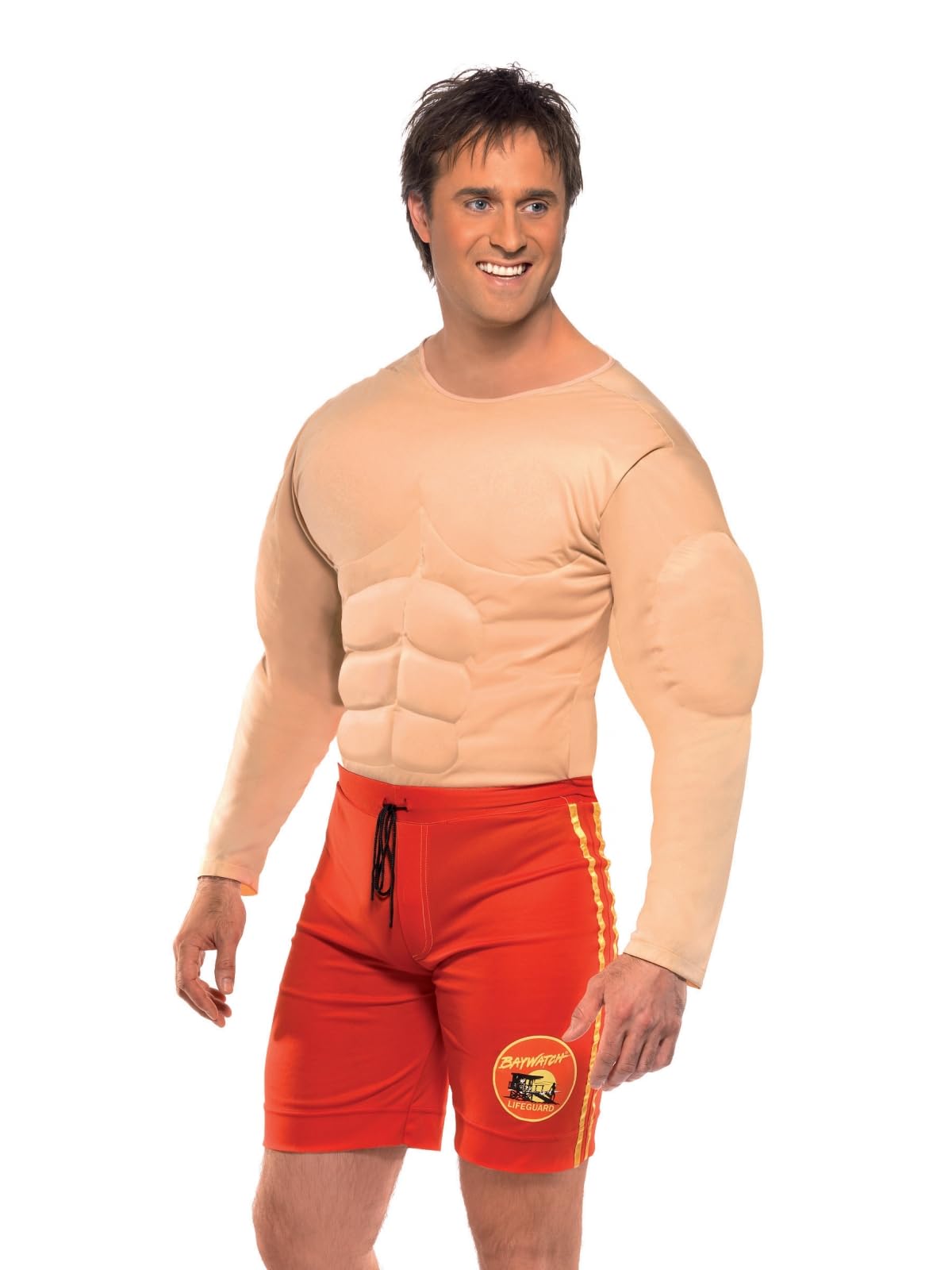 Smiffys Baywatch Lifeguard Costume in Red for Adults, Muscle Chest and Attached Shorts, Officially Licensed Baywatch, Perfect for 90s Themed Beach Parties, Couples, and Lifeguard Fancy Dress