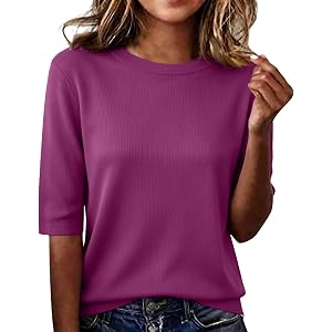 Womens Half Sleeve Tops Elbow Length Crew Neck Loose Fit Blouse Summer Casual Lightweight Plus Size 3/4 Sleeve Shirts