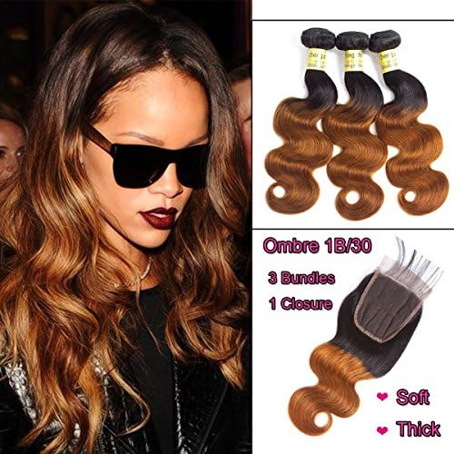Ombre Hair Bundles Brown Body Wave Human Hair T1B 30# With Closure 4x4 Brazilian Virgin Hair 8A Grade Soft Hair Extensions (16"18"20"& closure 14")