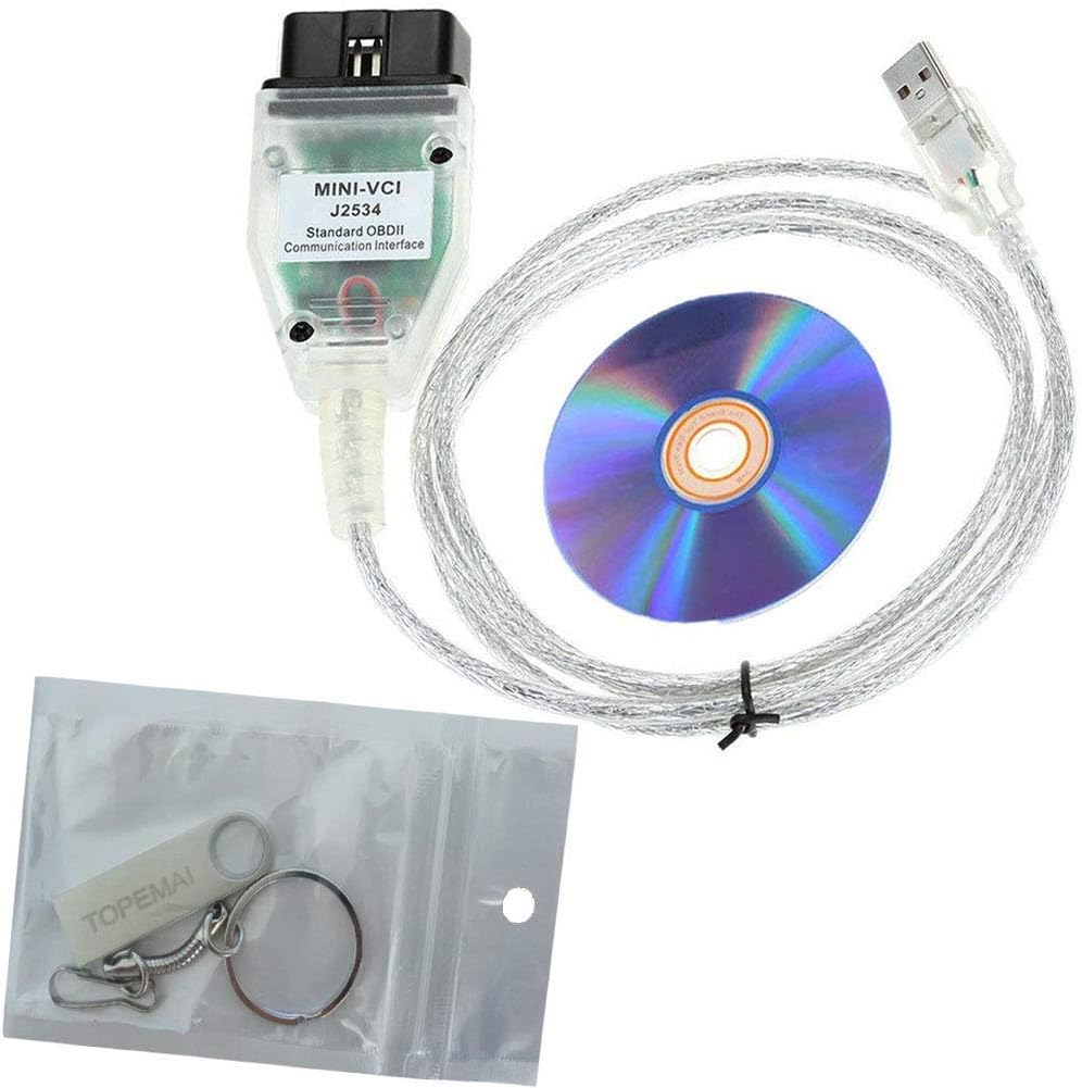 TOPEMAI Mini VCI J2534 Cable for Toyota, Firmware V1.4.1, Software V13.10.019, TIS Techstream OBD2 USB Cable with U Disk CD Driver