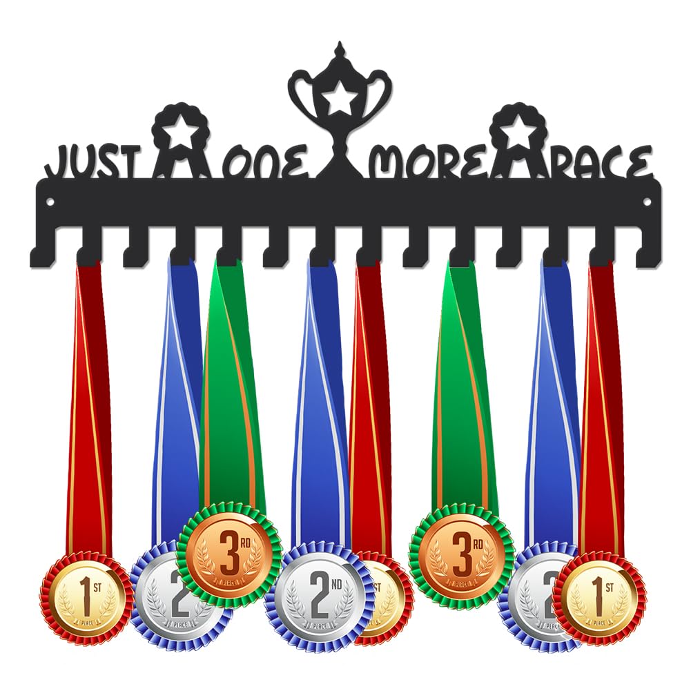 SUPERDANT Just One More Race Medal Hanger Trophies Pattern Medal Holder Inspirational Text Medal Rack with 14 Hooks Wall Mounted Medal Display Motivating Gifts for Sports Players