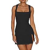 VASAUG Women's Sexy Square Neck Ruched Bodycon Mini Dress Ruffle Hem Slit Party Club Short Dresses
