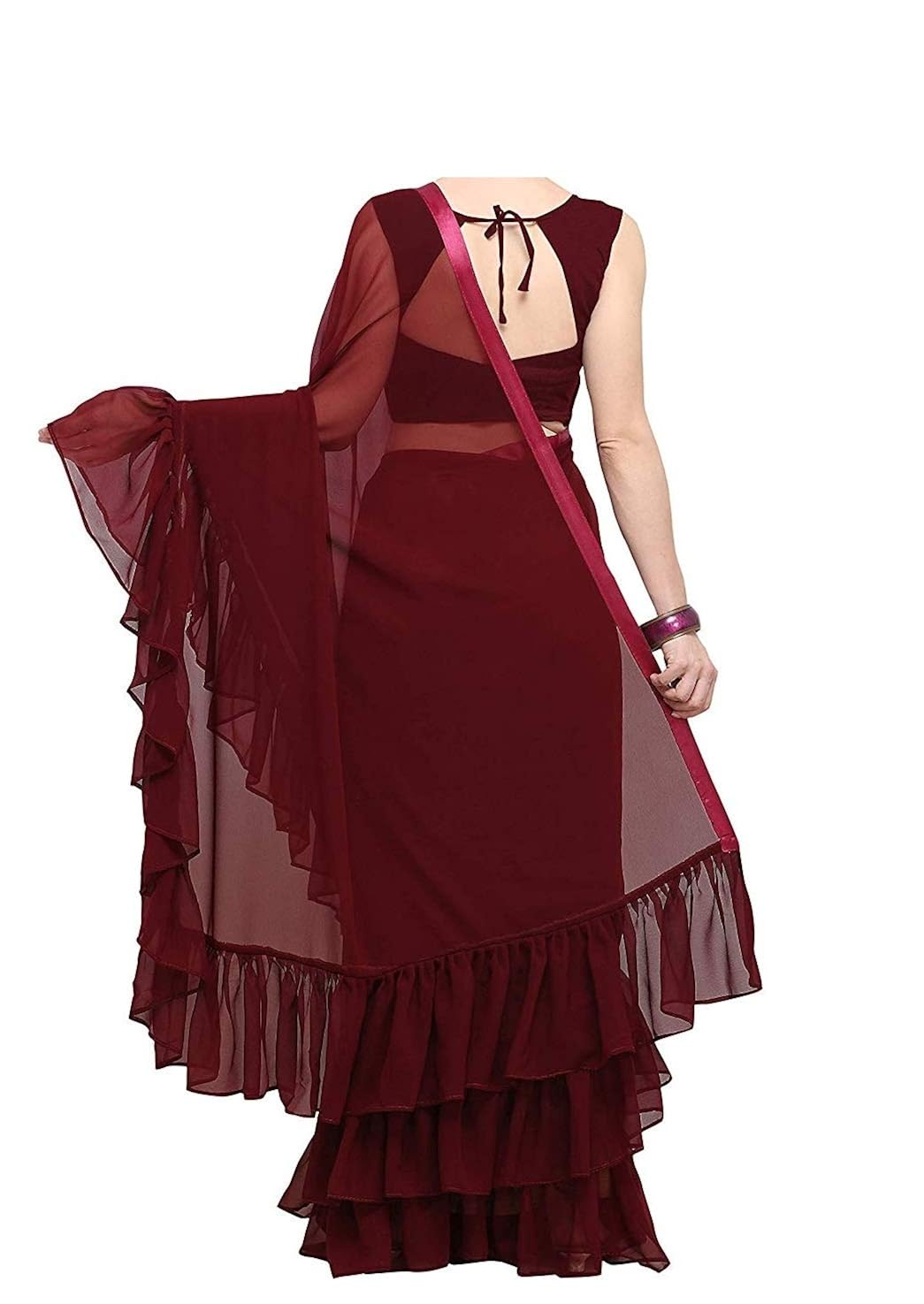 magneitta women's georgette solid ruffle saree