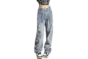 Kisswow Women's Star Jeans Y2K Denim Pants Cute Jeans for Teens Baggy Denim Emo Pants Grunge Aesthetic